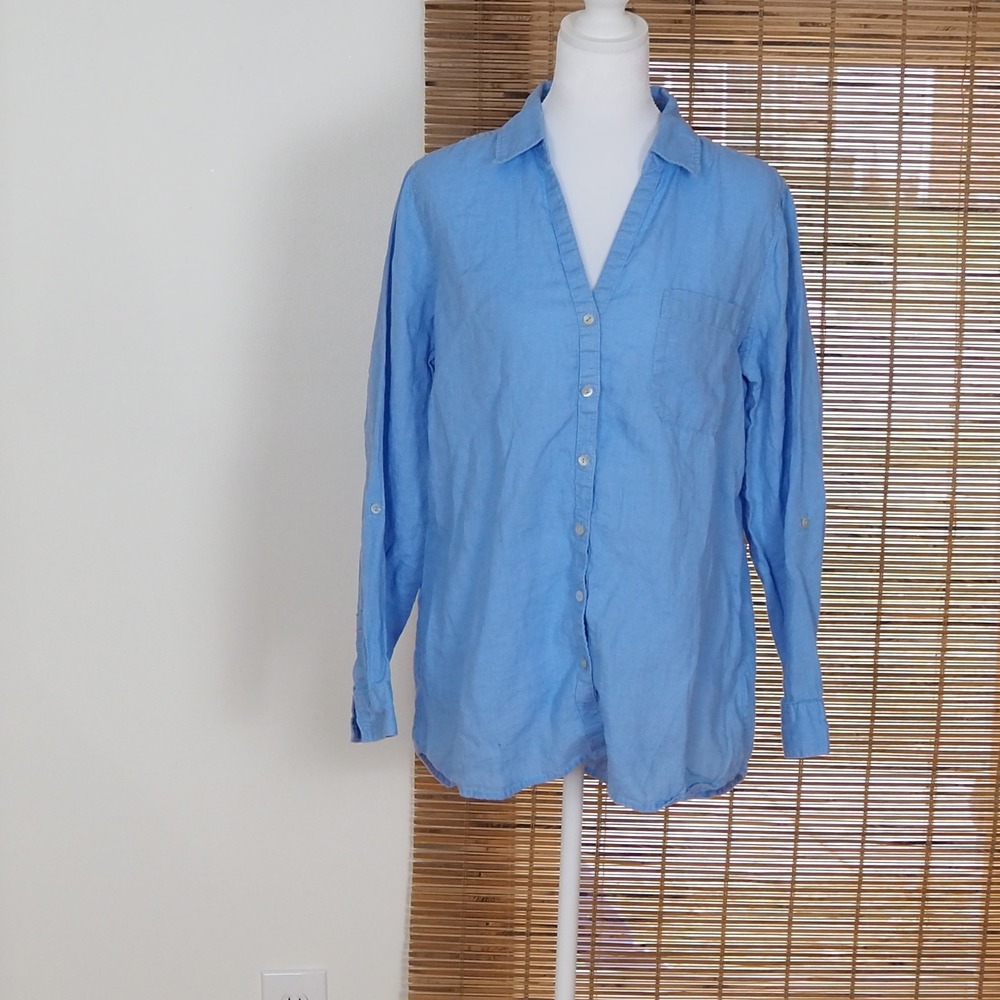 Sigrid Olsen 100% Linen Button Down Shirt Womens M French Blue Roll Tab Sleeves